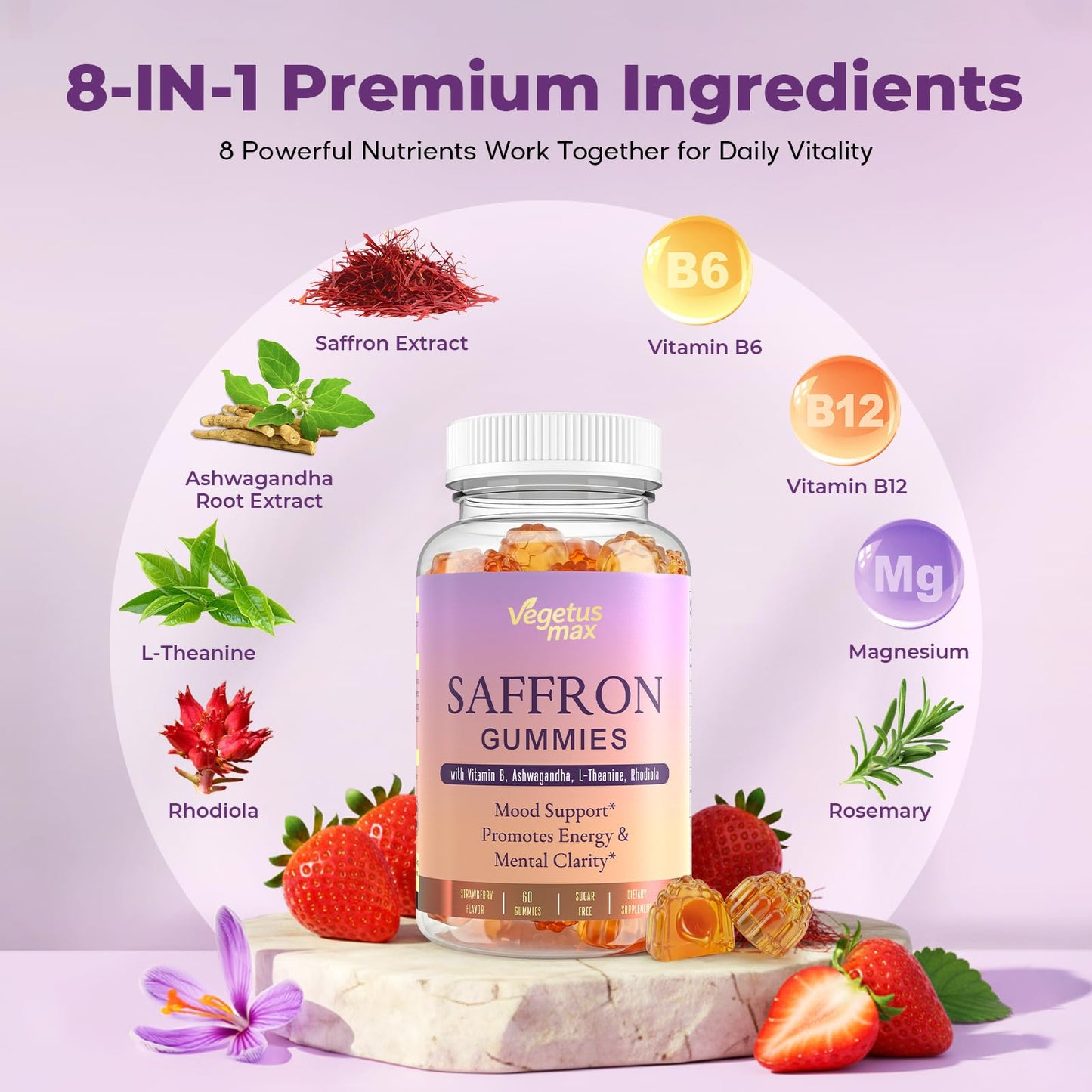 Saffron Supplements Gummies, 88.5mg Pure Saffron Extract with Ashwagandha L-Theanine Rhodiola Rosemary Magnesium Vitamin B6 B12 for Mood Focus Support Adults Kids - 60 Count - dailyvitalstore
