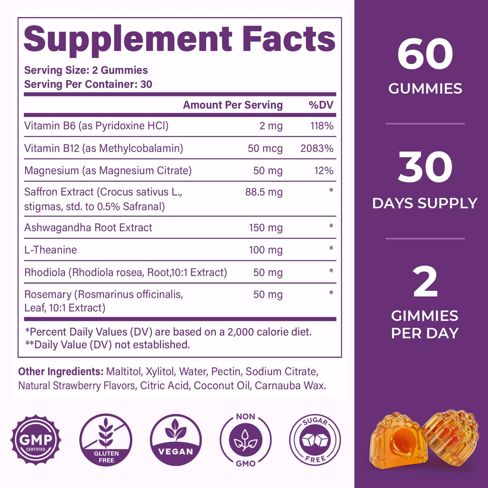 Saffron Supplements Gummies, 88.5mg Pure Saffron Extract with Ashwagandha L-Theanine Rhodiola Rosemary Magnesium Vitamin B6 B12 for Mood Focus Support Adults Kids - 60 Count - dailyvitalstore