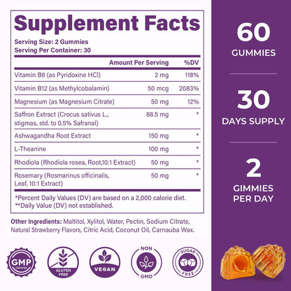 Saffron Supplements Gummies, 88.5mg Pure Saffron Extract with Ashwagandha L-Theanine Rhodiola Rosemary Magnesium Vitamin B6 B12 for Mood Focus Support Adults Kids - 60 Count - dailyvitalstore