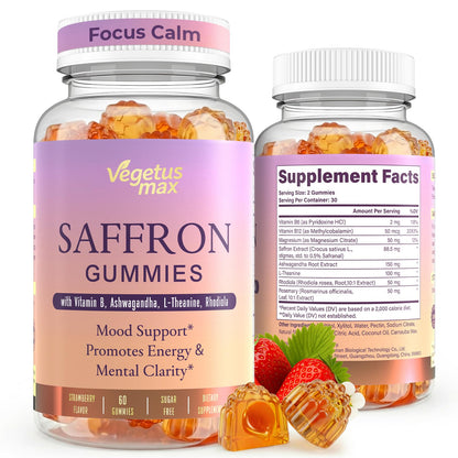 Saffron Supplements Gummies, 88.5mg Pure Saffron Extract with Ashwagandha L-Theanine Rhodiola Rosemary Magnesium Vitamin B6 B12 for Mood Focus Support Adults Kids - 60 Count - dailyvitalstore