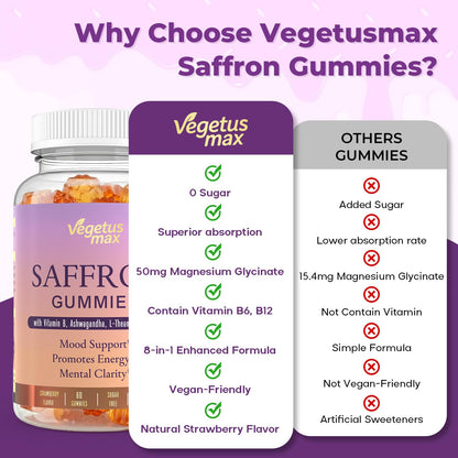 Saffron Supplements Gummies, 88.5mg Pure Saffron Extract with Ashwagandha L-Theanine Rhodiola Rosemary Magnesium Vitamin B6 B12 for Mood Focus Support Adults Kids - 60 Count - dailyvitalstore