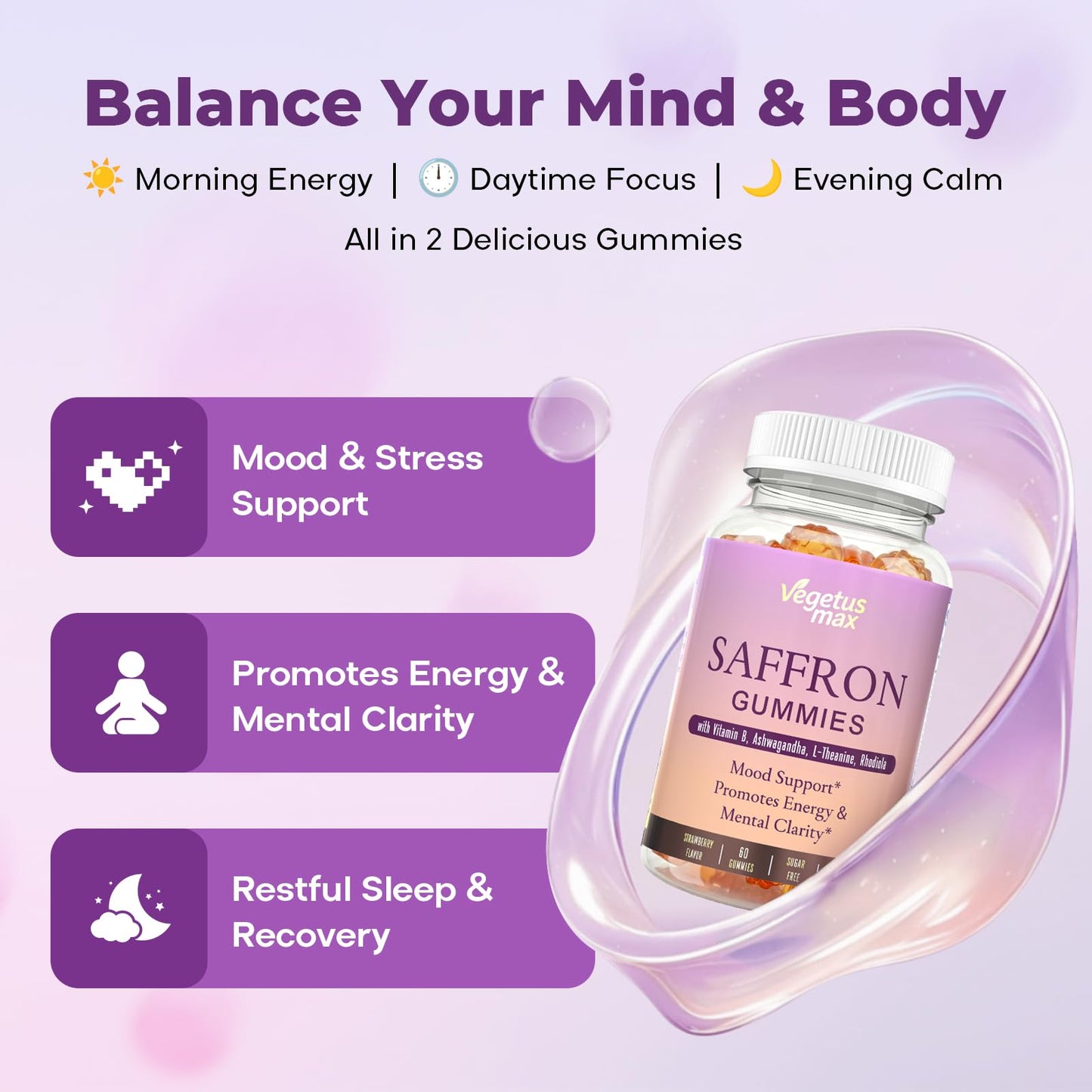 Saffron Supplements Gummies, 88.5mg Pure Saffron Extract with Ashwagandha L-Theanine Rhodiola Rosemary Magnesium Vitamin B6 B12 for Mood Focus Support Adults Kids - 60 Count - dailyvitalstore