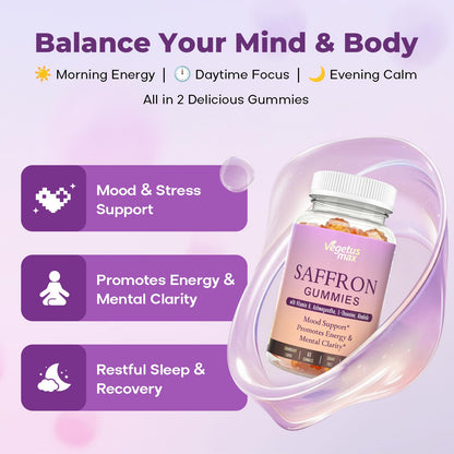 Saffron Supplements Gummies, 88.5mg Pure Saffron Extract with Ashwagandha L-Theanine Rhodiola Rosemary Magnesium Vitamin B6 B12 for Mood Focus Support Adults Kids - 60 Count - dailyvitalstore