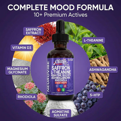 Saffron Supplements Liquid Drops L-Theanine Agmatine Sulfate Ashwagandha Magnesium Glycinate B6 Magnesium Stress Relief Mood Support 5-HTP GABA Supplement Vitamin D 4oz by Clean Nutra - dailyvitalstore