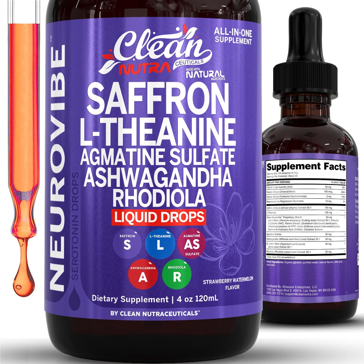 Saffron Supplements Liquid Drops L-Theanine Agmatine Sulfate Ashwagandha Magnesium Glycinate B6 Magnesium Stress Relief Mood Support 5-HTP GABA Supplement Vitamin D 4oz by Clean Nutra - dailyvitalstore