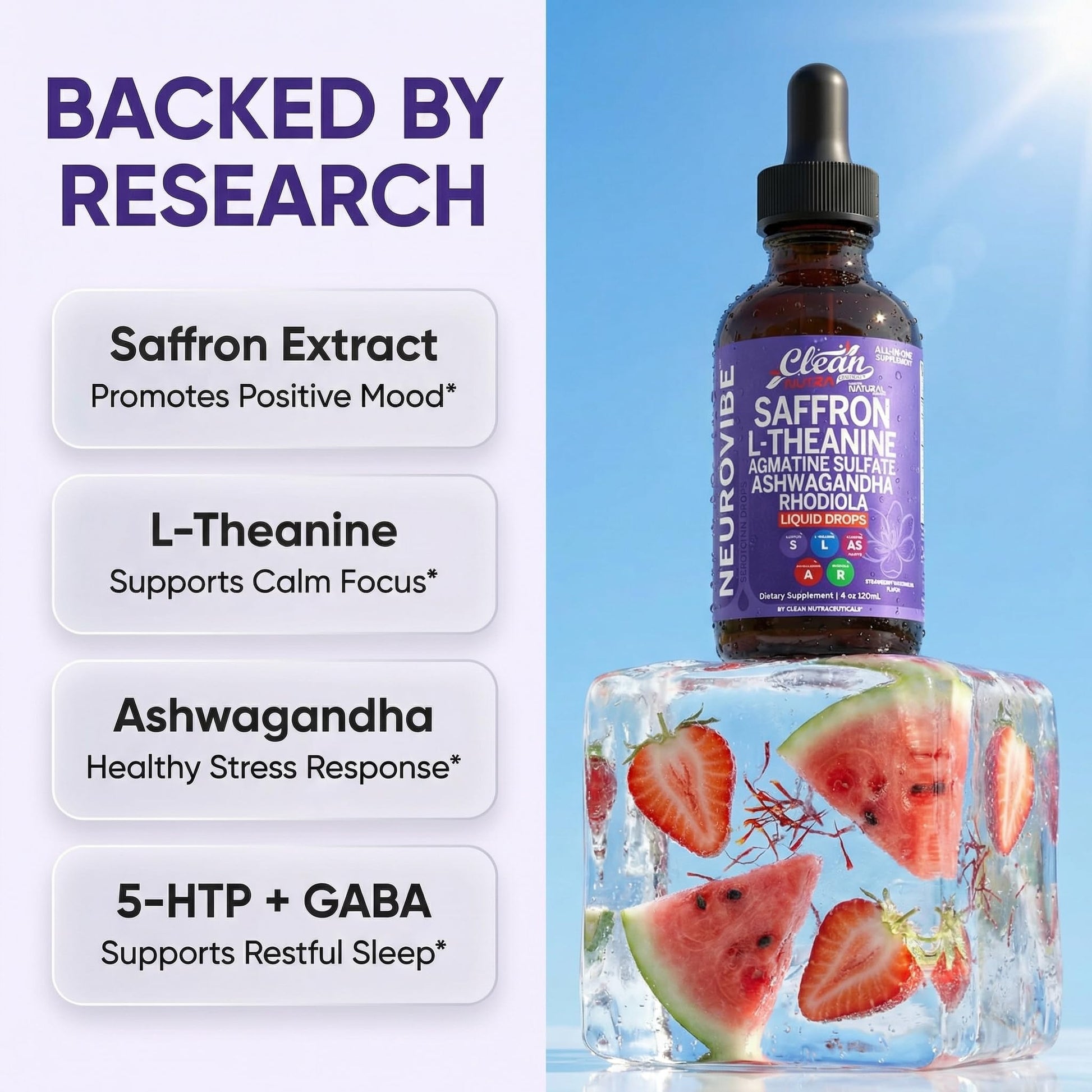 Saffron Supplements Liquid Drops L-Theanine Agmatine Sulfate Ashwagandha Magnesium Glycinate B6 Magnesium Stress Relief Mood Support 5-HTP GABA Supplement Vitamin D 4oz by Clean Nutra - dailyvitalstore