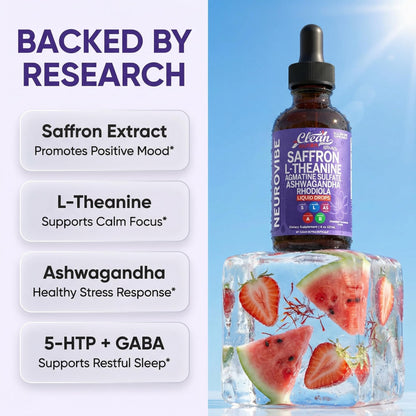 Saffron Supplements Liquid Drops L-Theanine Agmatine Sulfate Ashwagandha Magnesium Glycinate B6 Magnesium Stress Relief Mood Support 5-HTP GABA Supplement Vitamin D 4oz by Clean Nutra - dailyvitalstore