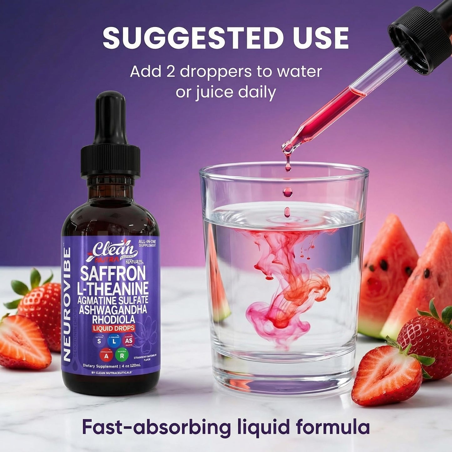 Saffron Supplements Liquid Drops L-Theanine Agmatine Sulfate Ashwagandha Magnesium Glycinate B6 Magnesium Stress Relief Mood Support 5-HTP GABA Supplement Vitamin D 4oz by Clean Nutra - dailyvitalstore