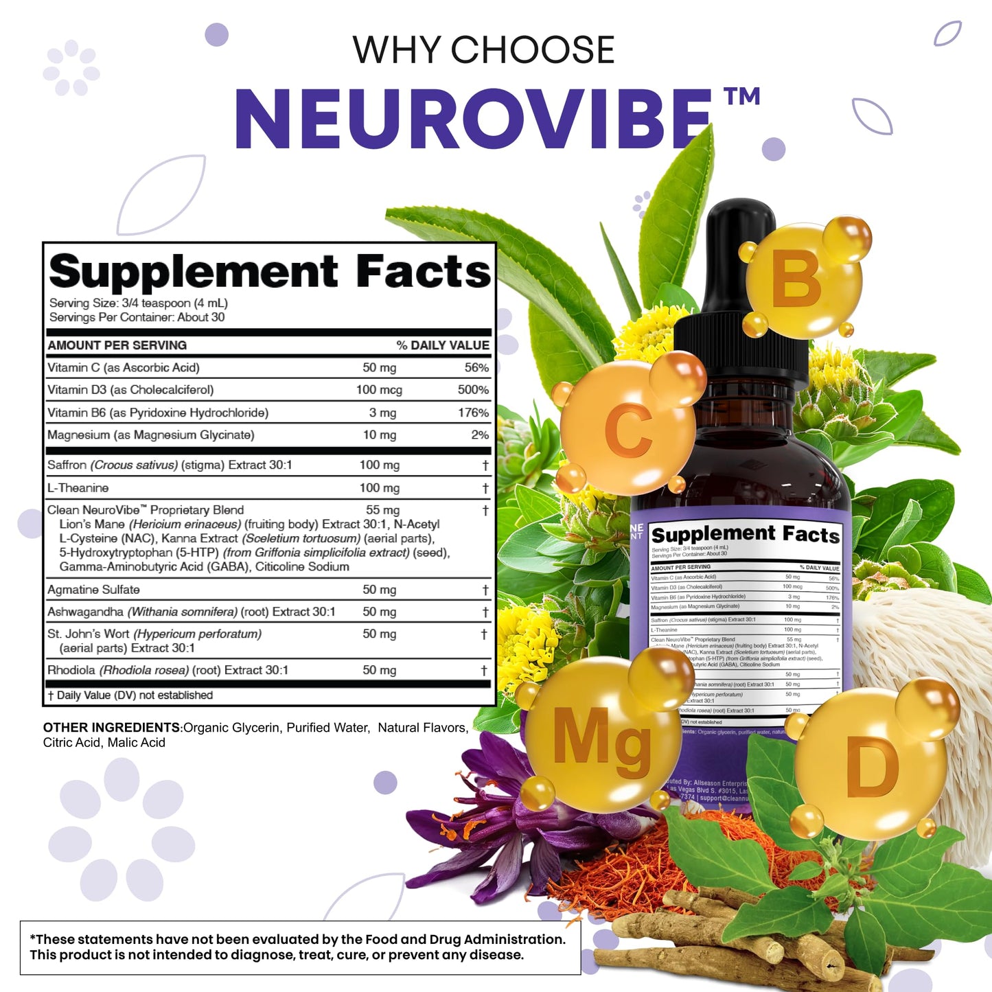 Saffron Supplements Liquid Drops L-Theanine Agmatine Sulfate Ashwagandha Magnesium Glycinate B6 Magnesium Stress Relief Mood Support 5-HTP GABA Supplement Vitamin D 4oz by Clean Nutra - dailyvitalstore