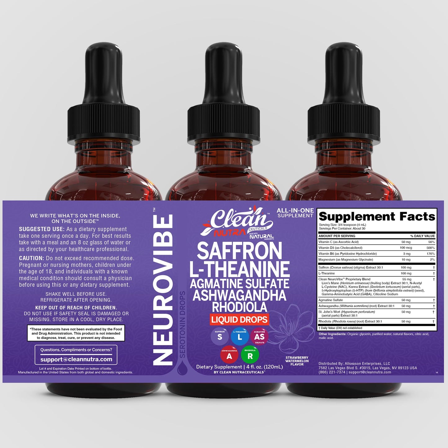 Saffron Supplements Liquid Drops L-Theanine Agmatine Sulfate Ashwagandha Magnesium Glycinate B6 Magnesium Stress Relief Mood Support 5-HTP GABA Supplement Vitamin D 4oz by Clean Nutra - dailyvitalstore