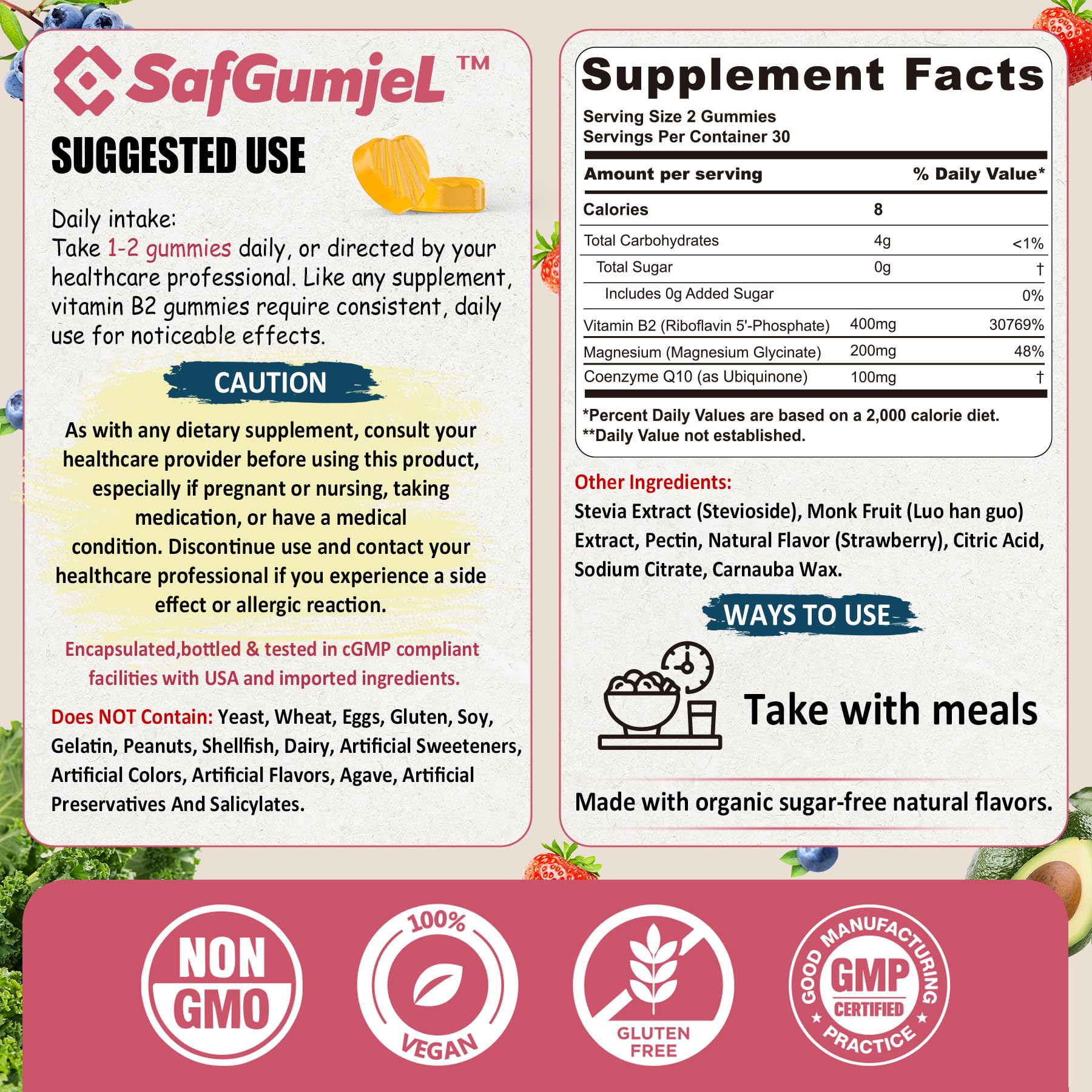 Safgumjel Vitamin B2 Gummies | Riboflavin 400mg with Magnesium & CoQ10 for Migraine Relief & Headache Relief | Sugar Free, Vegan, Strawberry Flavor, 60 Count - dailyvitalstore