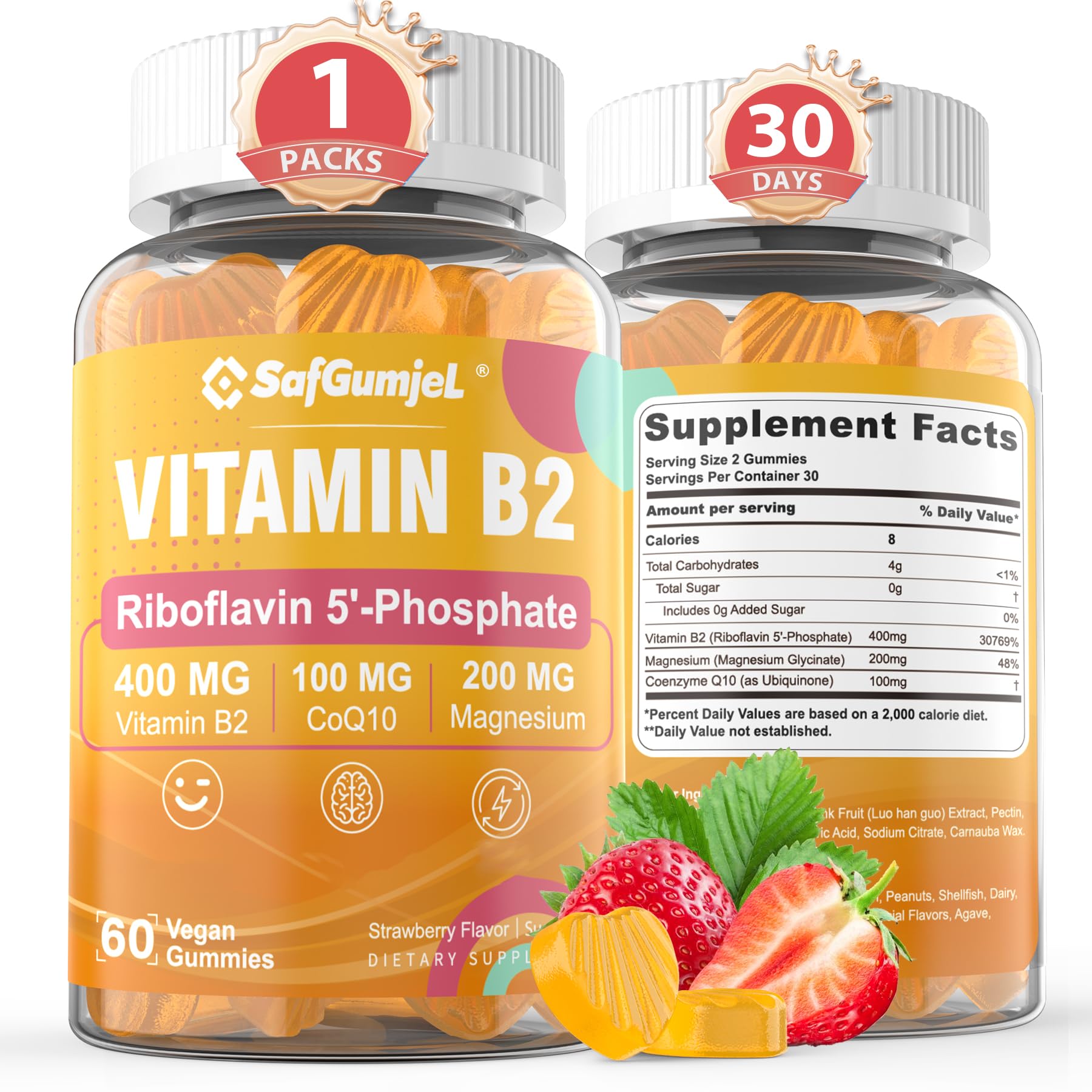 Safgumjel Vitamin B2 Gummies | Riboflavin 400mg with Magnesium & CoQ10 for Migraine Relief & Headache Relief | Sugar Free, Vegan, Strawberry Flavor, 60 Count - dailyvitalstore
