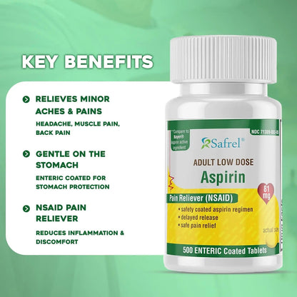 Safrel Generic Bayer Baby Aspirin 81 mg (500 Enteric Coated Tablets) | Adult Low Dose Strength Safe Pain Reliever (NSAID) for Minor Aches | Value Pack - dailyvitalstore