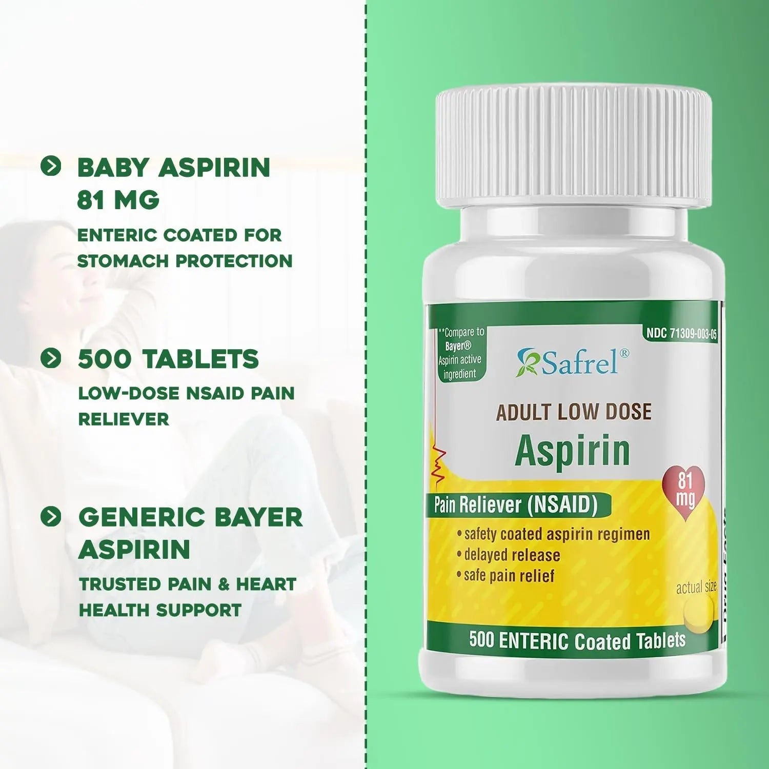Safrel Generic Bayer Baby Aspirin 81 mg (500 Enteric Coated Tablets) | Adult Low Dose Strength Safe Pain Reliever (NSAID) for Minor Aches | Value Pack - dailyvitalstore