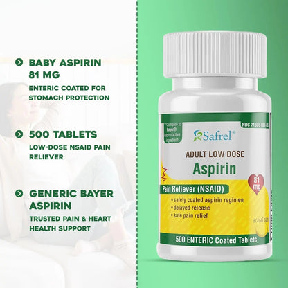 Safrel Generic Bayer Baby Aspirin 81 mg (500 Enteric Coated Tablets) | Adult Low Dose Strength Safe Pain Reliever (NSAID) for Minor Aches | Value Pack - dailyvitalstore