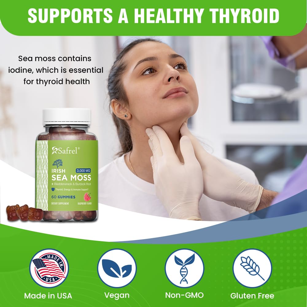 Safrel Irish Sea Moss Gummies 3000mg with Bladderwrack and Burdock Root, Thyroid Energy and Immune Support, Vegan Raspberry Flavor, 60 Gummies - dailyvitalstore
