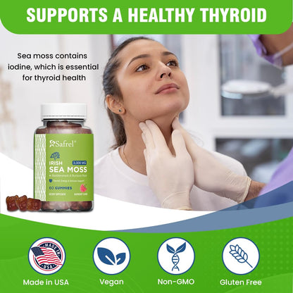 Safrel Irish Sea Moss Gummies 3000mg with Bladderwrack and Burdock Root, Thyroid Energy and Immune Support, Vegan Raspberry Flavor, 60 Gummies - dailyvitalstore