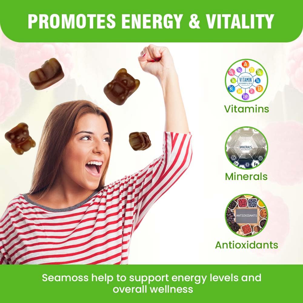 Safrel Irish Sea Moss Gummies 3000mg with Bladderwrack and Burdock Root, Thyroid Energy and Immune Support, Vegan Raspberry Flavor, 60 Gummies - dailyvitalstore