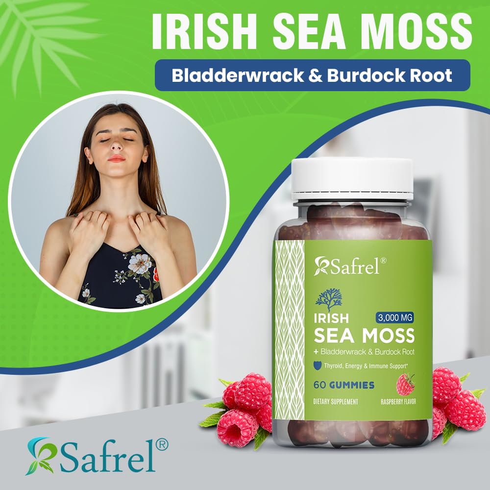 Safrel Irish Sea Moss Gummies 3000mg with Bladderwrack and Burdock Root, Thyroid Energy and Immune Support, Vegan Raspberry Flavor, 60 Gummies - dailyvitalstore
