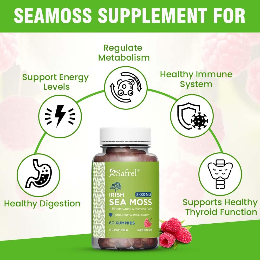 Safrel Irish Sea Moss Gummies 3000mg with Bladderwrack and Burdock Root, Thyroid Energy and Immune Support, Vegan Raspberry Flavor, 60 Gummies - dailyvitalstore