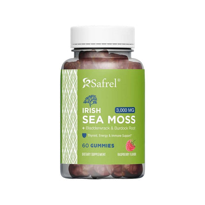 Safrel Irish Sea Moss Gummies 3000mg with Bladderwrack and Burdock Root, Thyroid Energy and Immune Support, Vegan Raspberry Flavor, 60 Gummies - dailyvitalstore