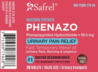 Safrel Urinary Pain Relief | UTI Relief | Fast Acting | Bladder Discomfort & Pain Relief | Phenazopyridine Hydrochloride 99.5mg (28 Count) - dailyvitalstore
