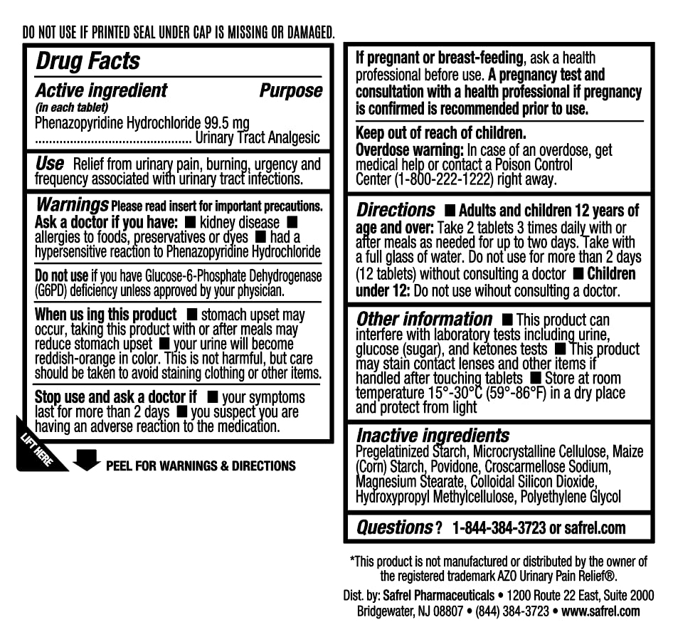 Safrel Urinary Pain Relief | UTI Relief | Fast Acting | Bladder Discomfort & Pain Relief | Phenazopyridine Hydrochloride 99.5mg (28 Count) - dailyvitalstore