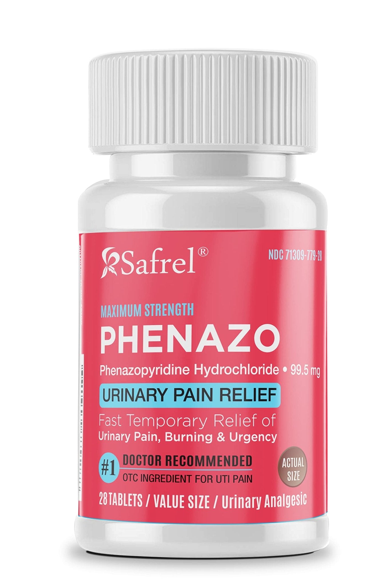 Safrel Urinary Pain Relief | UTI Relief | Fast Acting | Bladder Discomfort & Pain Relief | Phenazopyridine Hydrochloride 99.5mg (28 Count) - dailyvitalstore