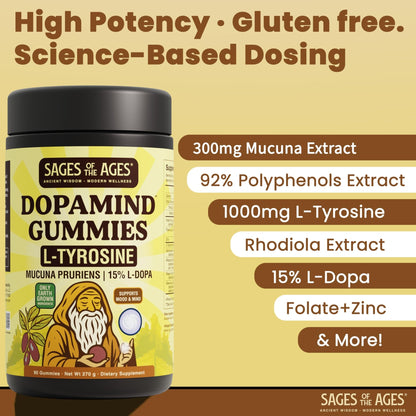 Sages Of The Ages L-Tyrosine Gummies 1000mg – Amino Acid Supplement with Mucuna Pruriens, B Vitamins & Rhodiola – Blueberry Flavor – 90 Gummies - dailyvitalstore