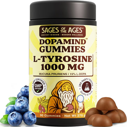 Sages Of The Ages L-Tyrosine Gummies 1000mg – Amino Acid Supplement with Mucuna Pruriens, B Vitamins & Rhodiola – Blueberry Flavor – 90 Gummies - dailyvitalstore