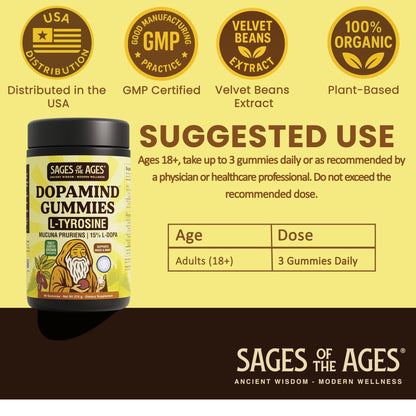 Sages Of The Ages L-Tyrosine Gummies 1000mg – Amino Acid Supplement with Mucuna Pruriens, B Vitamins & Rhodiola – Blueberry Flavor – 90 Gummies - dailyvitalstore
