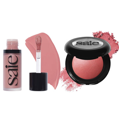 Saie Cheek Flush Duo - Dew Liquid Blush (.40 oz, Lady), SuperSuede Baked Powder Blush (.01 oz, Mia) - Layerable, Skin-Nourishing Blushes for a Seamless Radiant Finish - dailyvitalstore