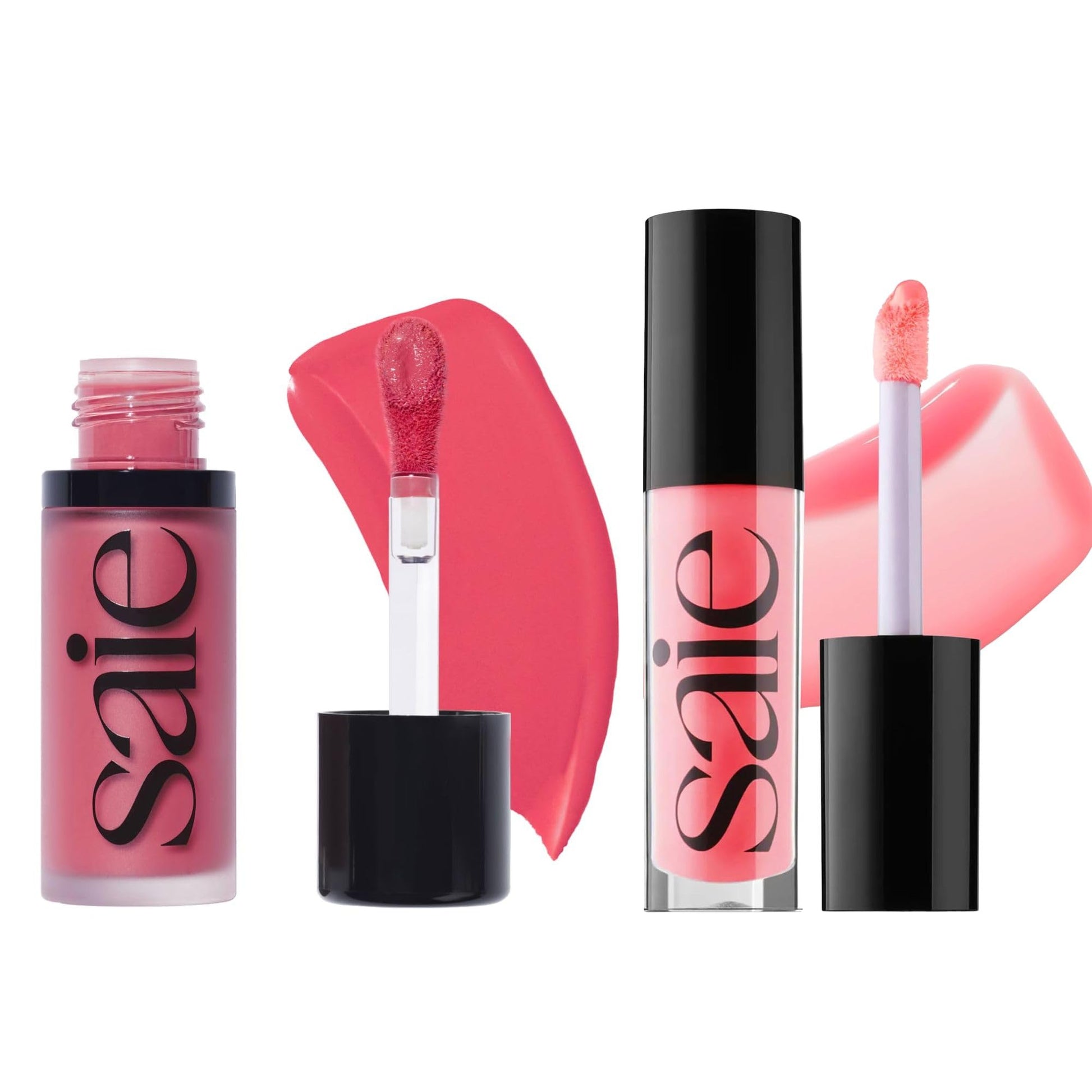 Saie Dewy Glow Duo - Dew Liquid Blush - (.40 oz, Flirty), Glossybounce Lip Gloss-Oil Hybrid (.17 oz, Burst) - Hydrating, Vegan Makeup for Radiant Cheeks & Lips - dailyvitalstore