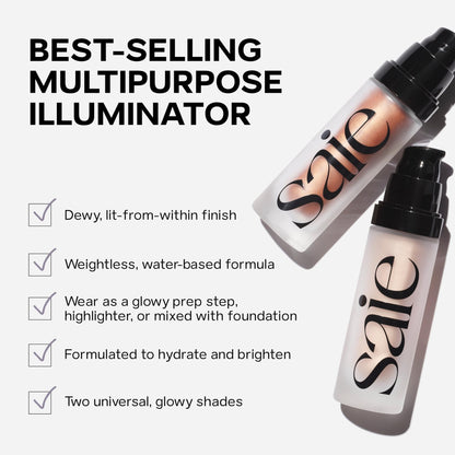 Saie Mini Glowy Super Gel Lightweight llluminator & Makeup Primer - Sunglow (0.5 oz) + Dew Blush - Lightweight Liquid Blush with a Blendable + Buildable Cream Finish - Sweetie (.40 oz) - dailyvitalstore