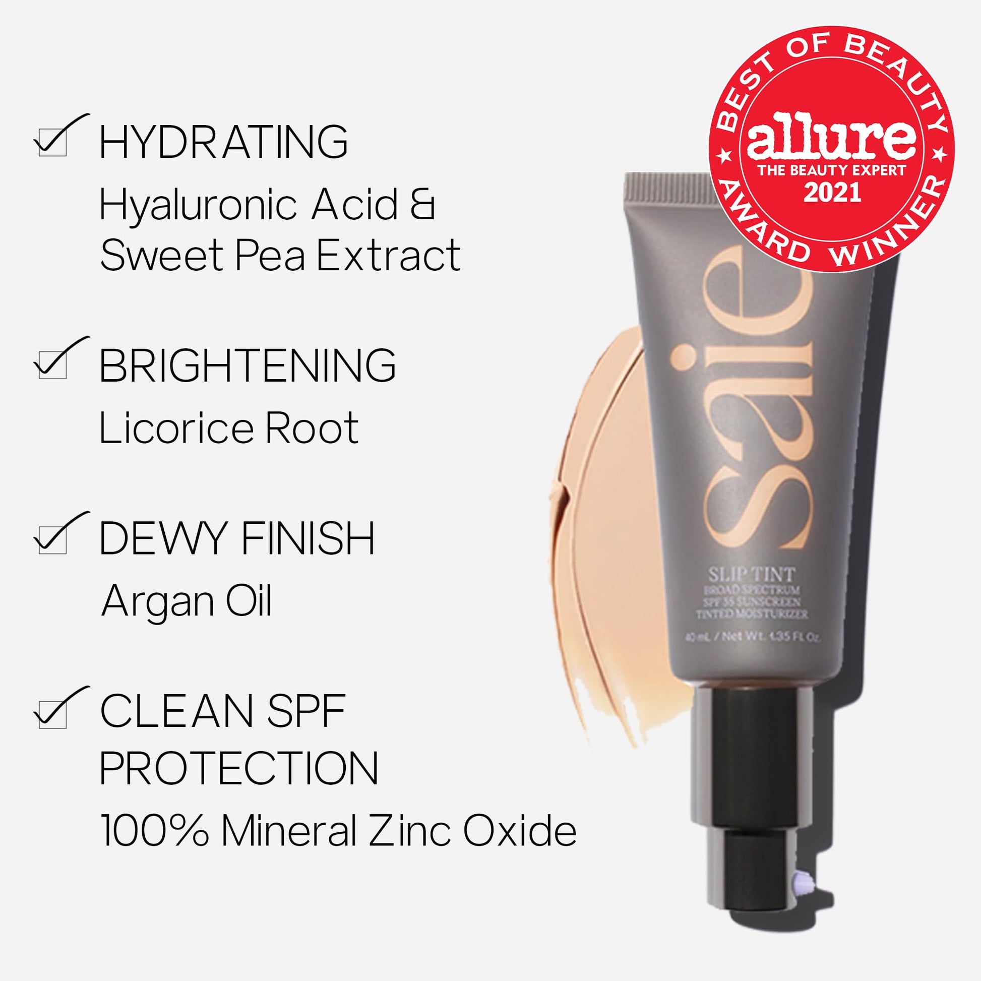 Saie Slip Tint Tinted Moisturizer with SPF 35 - Light Coverage, Glowy Skin Tint & Mineral Sunscreen for Face with Hydrating Hyaluronic Acid - Summer Makeup Essential - Shade Three (1.35 oz) - dailyvitalstore