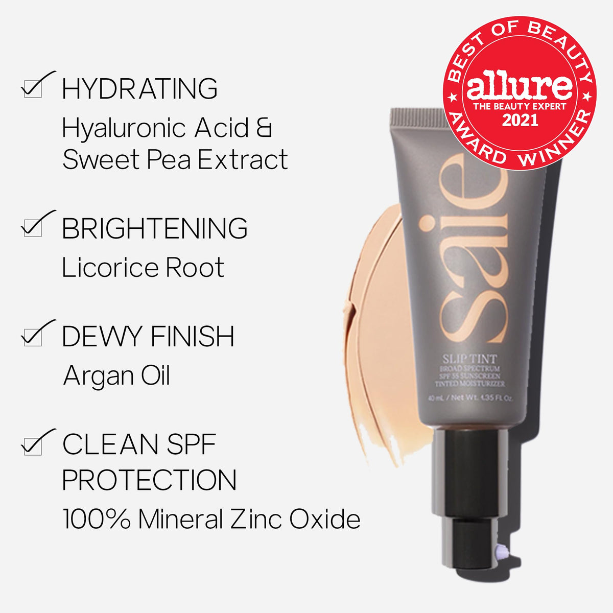 Saie Slip Tint Tinted Moisturizer with SPF 35 - Light Coverage, Glowy Skin Tint & Mineral Sunscreen for Face with Hydrating Hyaluronic Acid - Summer Makeup Essential - Shade Three + Half (1.35 oz) - dailyvitalstore