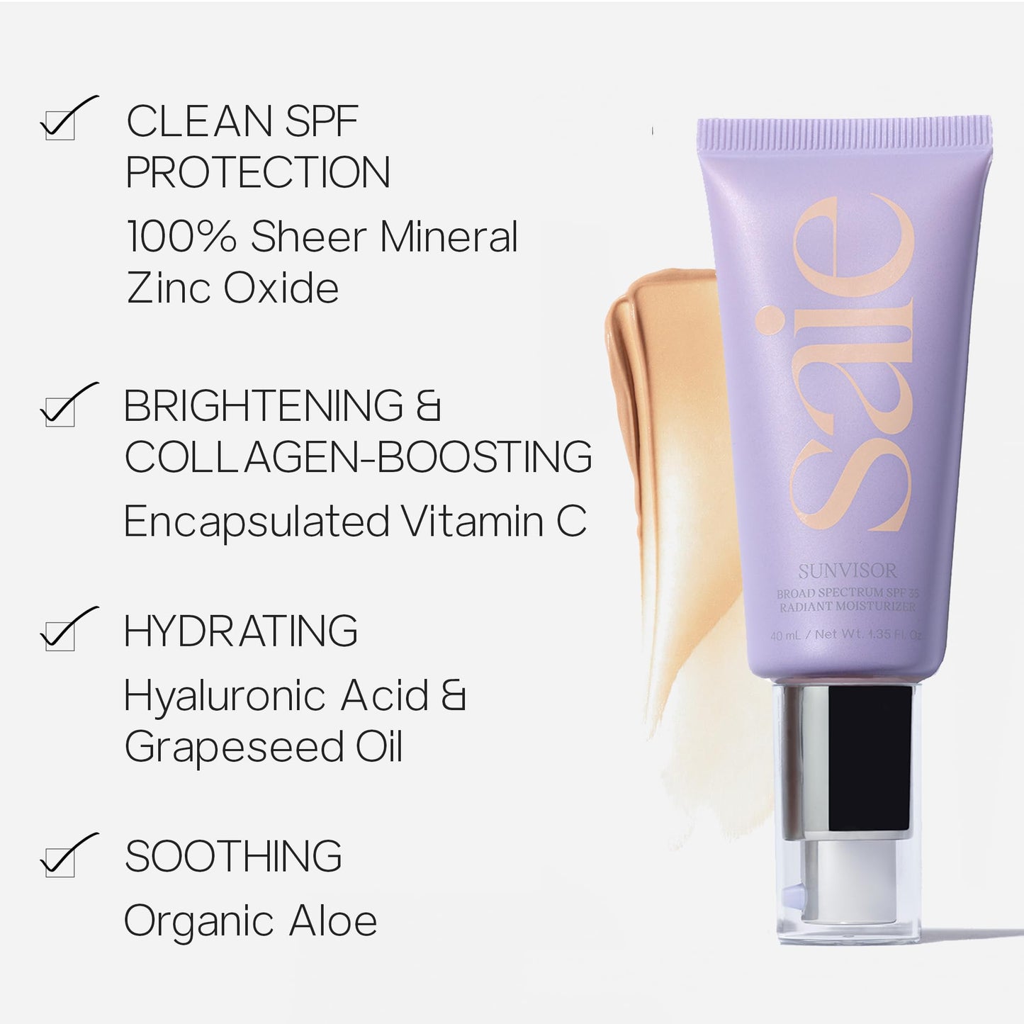 Saie Sunvisor Broad Spectrum Sunscreen Moisturizer SPF 35 - Hydrating Daily Face Sunscreen with 100% Sheer Mineral Zinc Oxide, Hyaluronic Acid + Vitamin C for Radiant, Dewy Skin (1.35 fl oz) - dailyvitalstore