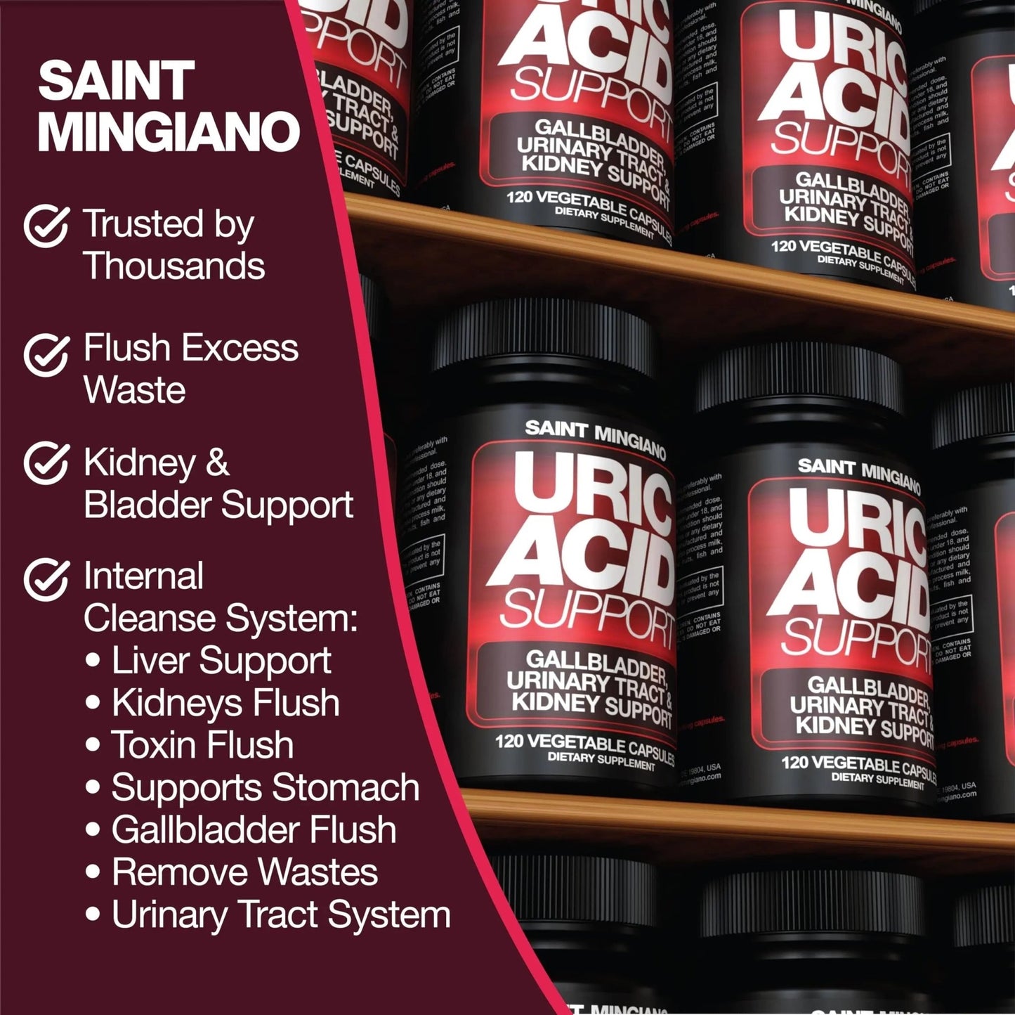 Saint Mingiano Uric Acid Flush for Gout Support -120 Capsules - Supports Kidney Cleanse Detox & Repair, Gallbladder & Urinary Tract Issues - Essential for Detox & Joint Support - Cranberry Extract - dailyvitalstore