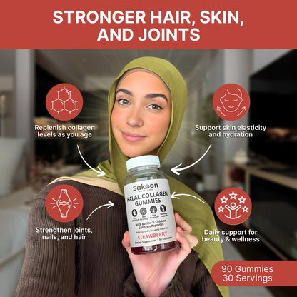 Sakoon nutrition Halal Certified Collagen Peptides Gummies | (Type I, II & III) Collagen Gummies for Women & Men | 90 Naturally Flavoured Strawberry Gummy to Support Hair, Skin, Joints & Nails | USA - dailyvitalstore