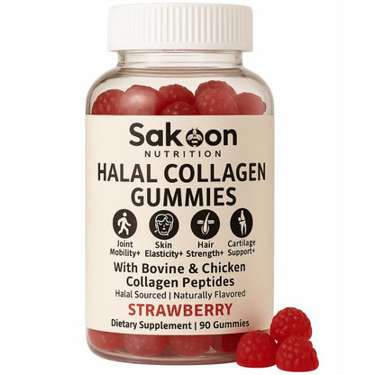 Sakoon nutrition Halal Certified Collagen Peptides Gummies | (Type I, II & III) Collagen Gummies for Women & Men | 90 Naturally Flavoured Strawberry Gummy to Support Hair, Skin, Joints & Nails | USA - dailyvitalstore