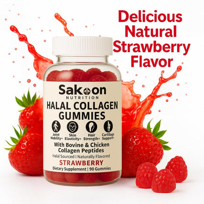 Sakoon nutrition Halal Certified Collagen Peptides Gummies | (Type I, II & III) Collagen Gummies for Women & Men | 90 Naturally Flavoured Strawberry Gummy to Support Hair, Skin, Joints & Nails | USA - dailyvitalstore