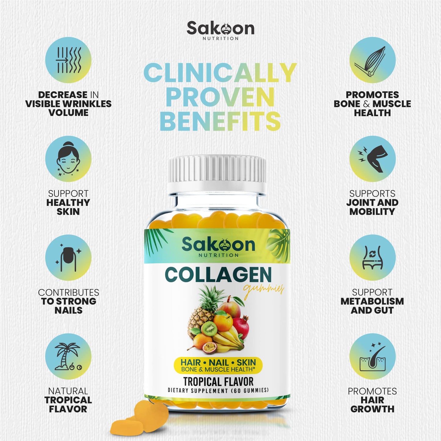 Sakoon nutrition Halal Collagen Gummies for Women and Men - Anti Aging, Hair Growth, Skin Care & Strong Nails Protein Collagen Supplements - Non-GMO, Gluten Free - Made in USA - dailyvitalstore