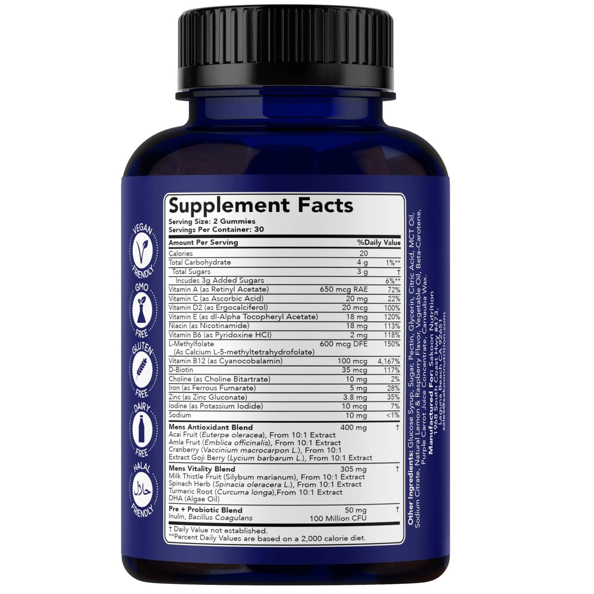 Sakoon nutrition Men's Multivitamin Gummies with Probiotics and Prebiotics, Adult Multivitamin A, C, D, E, B & More - dailyvitalstore