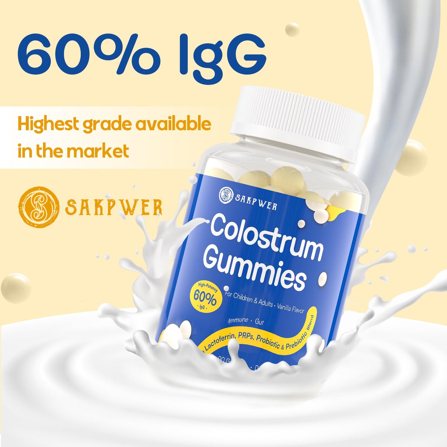 Sakpwer Bovine Colostrum Supplement Gummies - with 60% Highest IgG, Lactoferrin, Probiotics and Prebiotics for Adults and Kids - dailyvitalstore