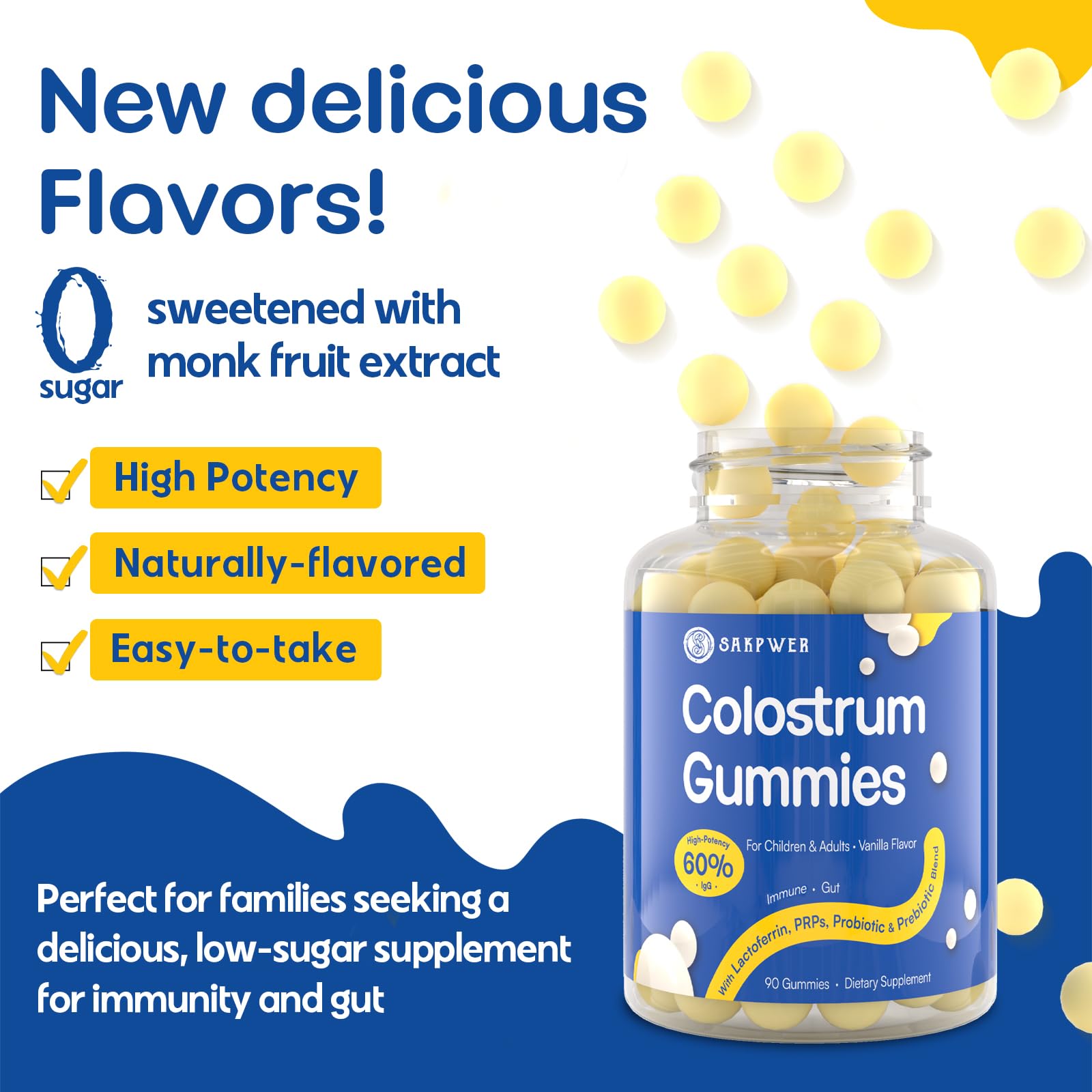 Sakpwer Bovine Colostrum Supplement Gummies - with 60% Highest IgG, Lactoferrin, Probiotics and Prebiotics for Adults and Kids - dailyvitalstore