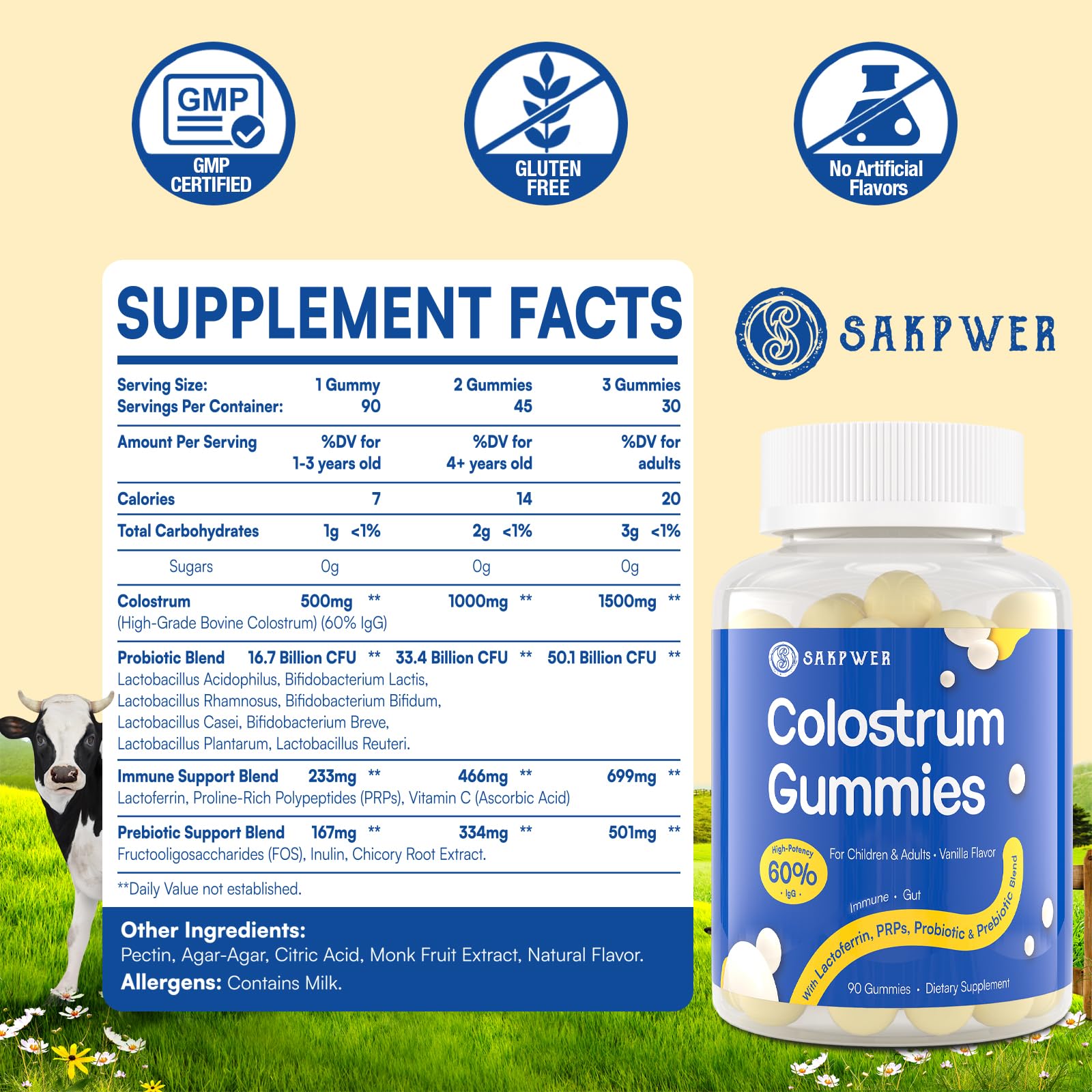 Sakpwer Bovine Colostrum Supplement Gummies - with 60% Highest IgG, Lactoferrin, Probiotics and Prebiotics for Adults and Kids - dailyvitalstore