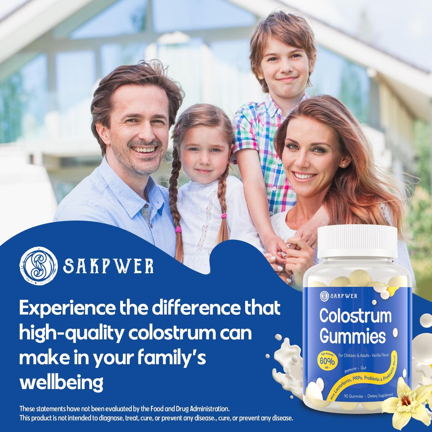 Sakpwer Bovine Colostrum Supplement Gummies - with 60% Highest IgG, Lactoferrin, Probiotics and Prebiotics for Adults and Kids, Vanilla Flavor & Sugar Free, 90 Gummies - dailyvitalstore