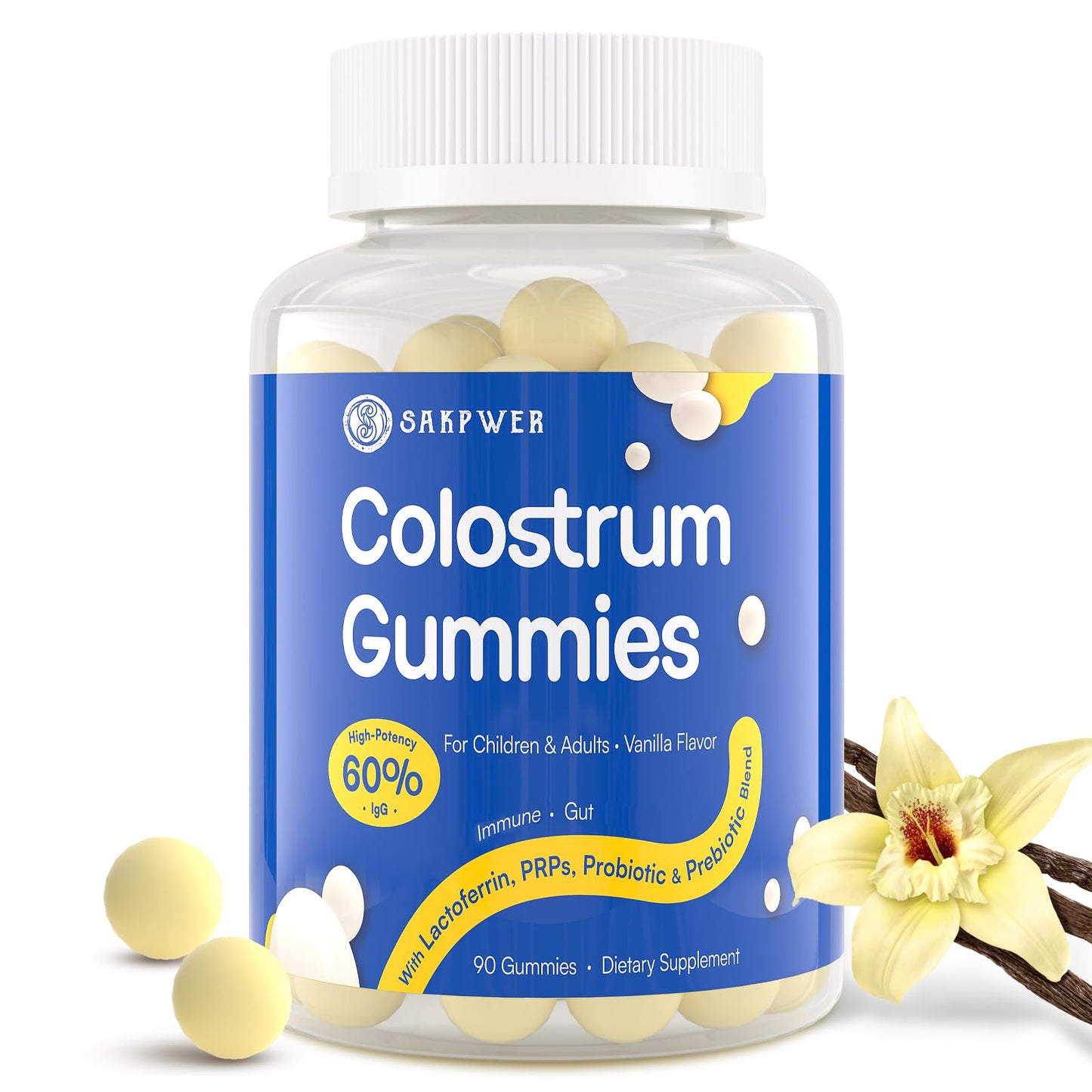 Sakpwer Bovine Colostrum Supplement Gummies - with 60% Highest IgG, Lactoferrin, Probiotics and Prebiotics for Adults and Kids, Vanilla Flavor & Sugar Free, 90 Gummies - dailyvitalstore