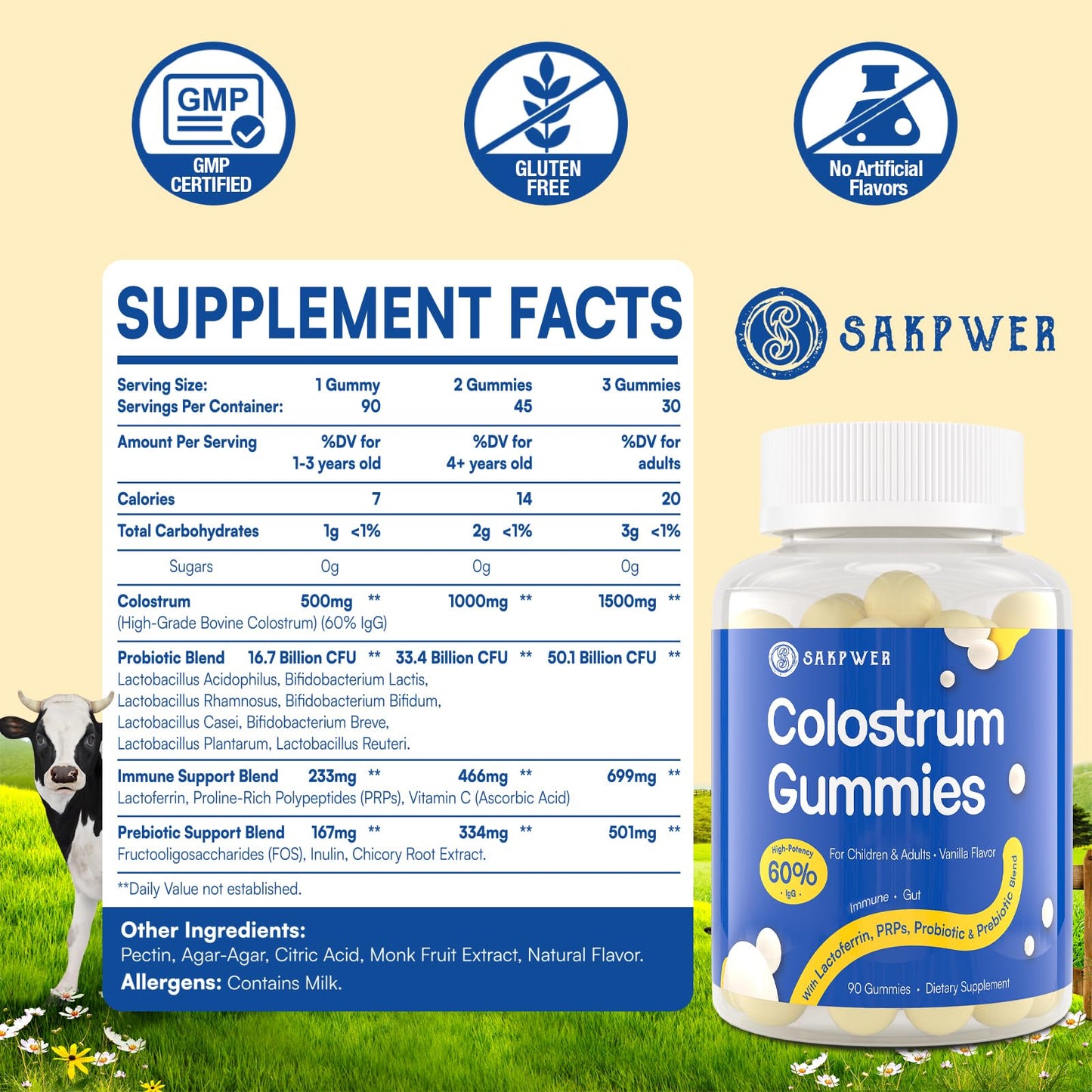 Sakpwer Bovine Colostrum Supplement Gummies - with 60% Highest IgG, Lactoferrin, Probiotics and Prebiotics for Adults and Kids, Vanilla Flavor & Sugar Free, 90 Gummies - dailyvitalstore