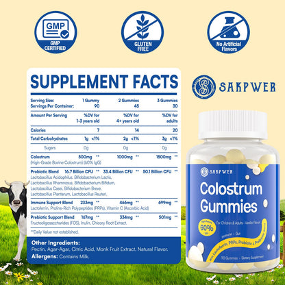 Sakpwer Bovine Colostrum Supplement Gummies - with 60% Highest IgG, Lactoferrin, Probiotics and Prebiotics for Adults and Kids, Vanilla Flavor & Sugar Free, 90 Gummies - dailyvitalstore